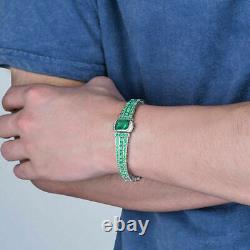925 Sterling Silver Princess Cut Simulated Green Emerald Men's Tennis Bracelet