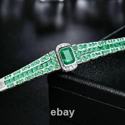 925 Sterling Silver Princess Cut Simulated Green Emerald Men's Tennis Bracelet