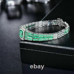 925 Sterling Silver Princess Cut Simulated Green Emerald Men's Tennis Bracelet