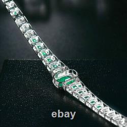 925 Sterling Silver Princess Cut Simulated Green Emerald Men's Tennis Bracelet