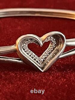 925 Sterling Silver Real Round-Cut Diamond Heart Bangle Bracelet 7.5 Vintage