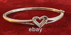 925 Sterling Silver Real Round-Cut Diamond Heart Bangle Bracelet 7.5 Vintage