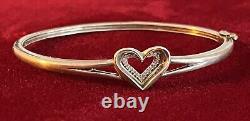 925 Sterling Silver Real Round-Cut Diamond Heart Bangle Bracelet 7.5 Vintage
