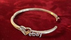 925 Sterling Silver Real Round-Cut Diamond Heart Bangle Bracelet 7.5 Vintage