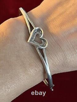 925 Sterling Silver Real Round-Cut Diamond Heart Bangle Bracelet 7.5 Vintage