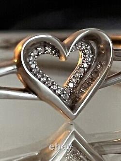 925 Sterling Silver Real Round-Cut Diamond Heart Bangle Bracelet 7.5 Vintage