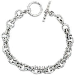 925 Sterling Silver Round Rolo Link Bracelet Toggle Clasp 9mm, 8 to 9 Long