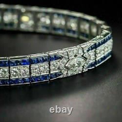 925 Sterling Silver Round Simulated Diamond & Sapphire Vintage Tennis Bracelet