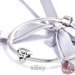 925 Sterling Silver Super Mom Mama Pandora Charm Bead Bracelet DIY Mothers Day