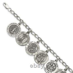 925 Sterling Silver Vintage 12 Saints 8 inch Chain Charm Bracelet