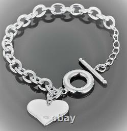 925 Sterling Silver Womens Heart Large 8-1/2 Bracelet Bangle 8.5 w GiftP D483A