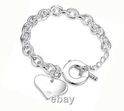 925 Sterling Silver Womens Heart Large 8-1/2 Bracelet Bangle 8.5 w GiftP D483A