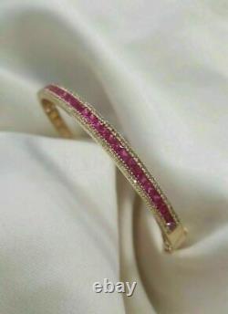 9Ct Princess Cut Red Ruby/Diamond Women's Bangle Bracelet 14K Yellow Gold Finish