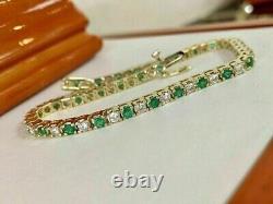 9Ct Round Emerald & White Diamond 14K Yellow Gold Plated Tennis Bracelet 7 inch