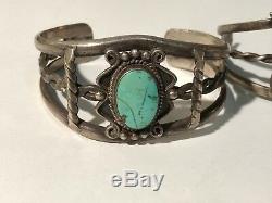 A825- Lot of 2 OLD PAWN NAVAJO STERLING SILVER & TURQUOISE LEAF CUFF BRACELET