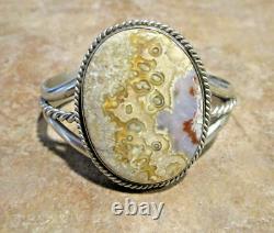 ATTRACTIVE! Wide Vintage Navajo Sterling Silver NATURAL AGATE Bracelet