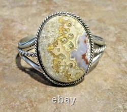 ATTRACTIVE! Wide Vintage Navajo Sterling Silver NATURAL AGATE Bracelet