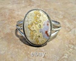 ATTRACTIVE! Wide Vintage Navajo Sterling Silver NATURAL AGATE Bracelet