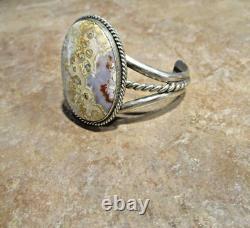 ATTRACTIVE! Wide Vintage Navajo Sterling Silver NATURAL AGATE Bracelet