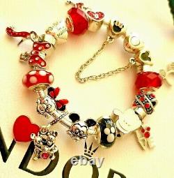 AUTHENTIC PANDORA CHARM BRACELET MICKEY MINNIE CHARMS DISNEY POLKA DOT BOW + Box