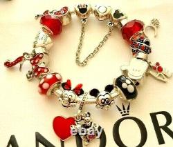 AUTHENTIC PANDORA CHARM BRACELET MICKEY MINNIE CHARMS DISNEY POLKA DOT BOW + Box