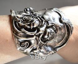 Antique Sterling Silver 925 Art Nouveau Rose Cuff Bracelet Bride Bridal Floral