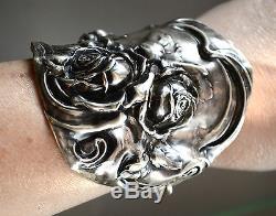 Antique Sterling Silver 925 Art Nouveau Rose Cuff Bracelet Bride Bridal Floral