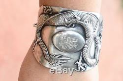 Antique Sterling Silver 925 Chinese Export Dragon Wide Cuff Bracelet Wang Hing