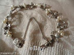 Antique vintage Sterling Silver genuine Akoya Pearls Pearl bracelet leaf design