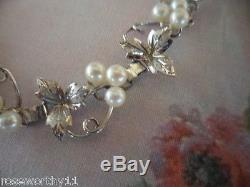 Antique vintage Sterling Silver genuine Akoya Pearls Pearl bracelet leaf design