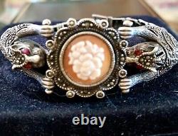 Atq Art Deco Sterling Silver Marcasites Ruby Shell Cameo Panther Heads Bracelet