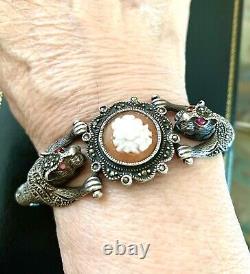 Atq Art Deco Sterling Silver Marcasites Ruby Shell Cameo Panther Heads Bracelet