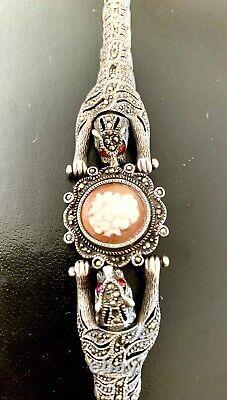 Atq Art Deco Sterling Silver Marcasites Ruby Shell Cameo Panther Heads Bracelet