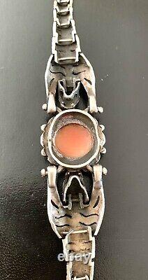 Atq Art Deco Sterling Silver Marcasites Ruby Shell Cameo Panther Heads Bracelet