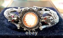 Atq Art Deco Sterling Silver Marcasites Ruby Shell Cameo Panther Heads Bracelet
