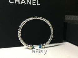 Auth David Yurman Blue Topaz Cable Cuff Sterling Silver Bracelet 585 14K gold