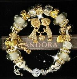 Authentic PANDORA Silver Bracelet A LOVE STORY! Gold Kissing European Charms