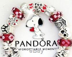 Authentic PANDORA Silver Charm Bracelet European Charms Red White Snoopy Dog New