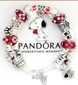 Authentic PANDORA Silver Charm Bracelet European Charms Red White Snoopy Dog New