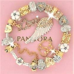 Authentic Pandora Charm Bracelet Gold Angel Wing MOM With European Charms. New