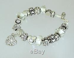 Authentic Pandora Charm Bracelet with Heart Love Gift Flower European Charms 8.3