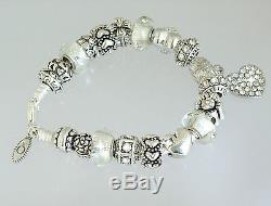 Authentic Pandora Charm Bracelet with Heart Love Gift Flower European Charms 8.3