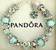 Authentic Pandora Charm Bracelet With Love Heart Flower New Aqua European Charms