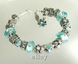 Authentic Pandora Charm Bracelet with Love Heart Flower New Aqua European Charms