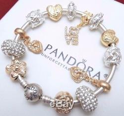 Authentic Pandora Silver Bangle Charm Bracelet With GOLD HEART European Charms