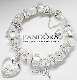 Authentic Pandora Silver Charm Bracelet White Love Story Heart & European Beads