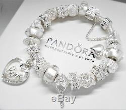 Authentic Pandora Silver Charm Bracelet White Love Story Heart & European Beads