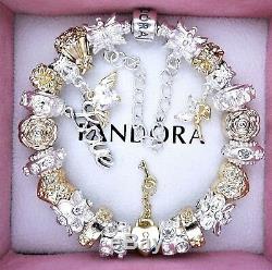 Authentic Pandora Silver Charm Bracelet with ANGEL LOVE Gold European Charms