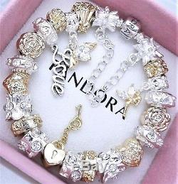 Authentic Pandora Silver Charm Bracelet with ANGEL LOVE Gold European Charms