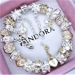 Authentic Pandora Silver Charm Bracelet with ANGEL LOVE Gold European Charms